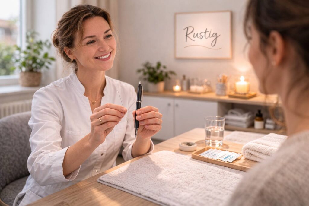 Acupuncturist demonstreert de dikte van naalden in de kliniek