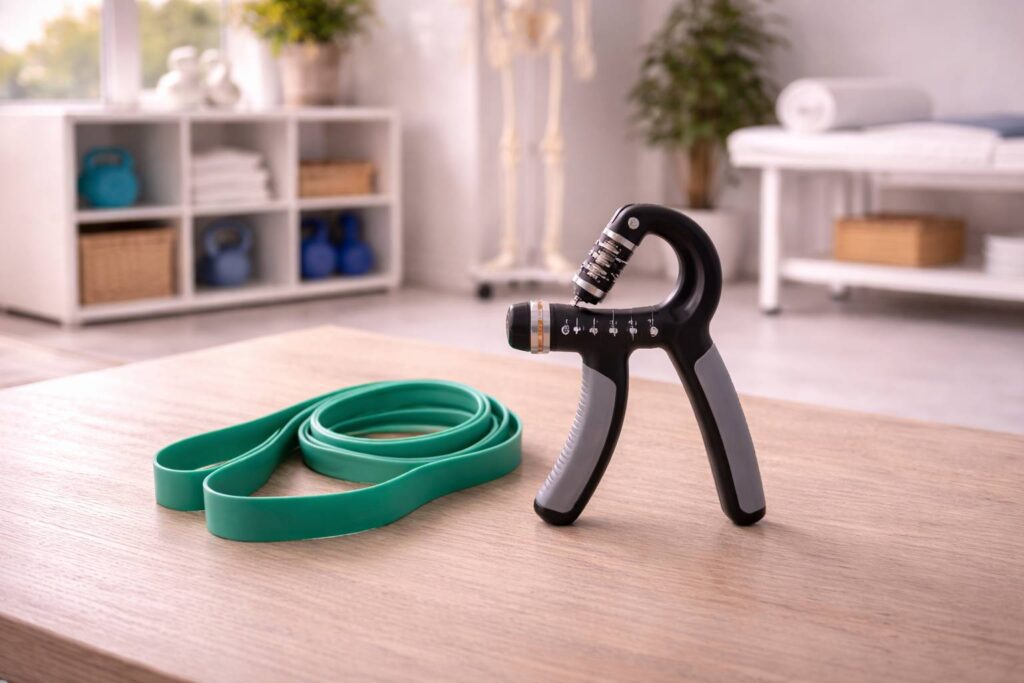 Apparatuur voor het versterken van de handpalmspieren en weerstandsbanden voor oefeningen